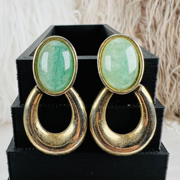 (image for) Vintage Aged Goldtone Green Door Knocker Pierced Earrings
